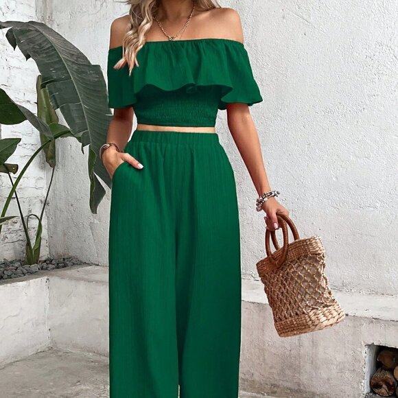 Green Boho Womens Off Shoulder Ruffle Trim Top & Wide Leg Pants - Picture 1 of 5